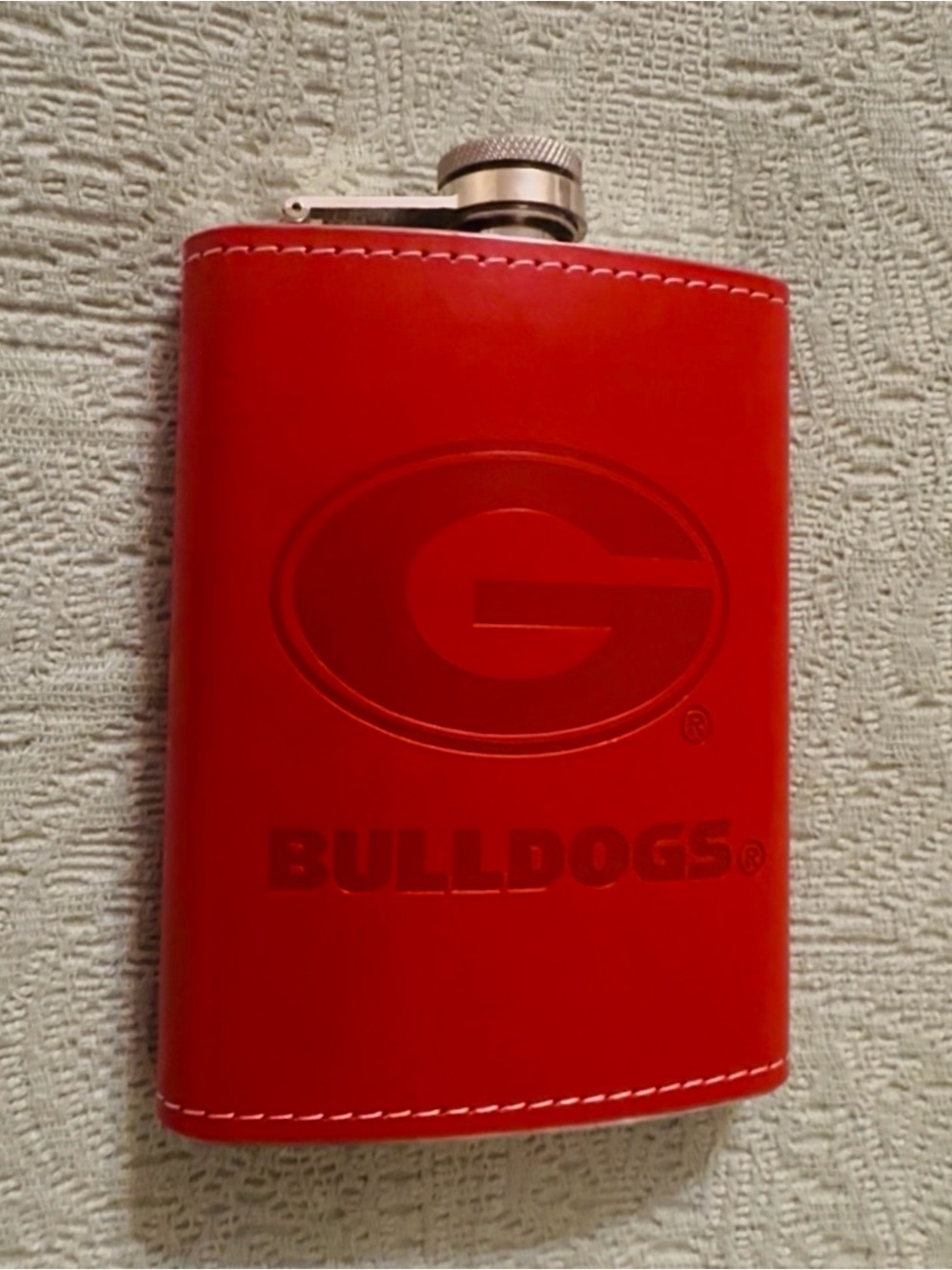 UGA Red Leather/ss metal hip Flask.  Brand new, never used.